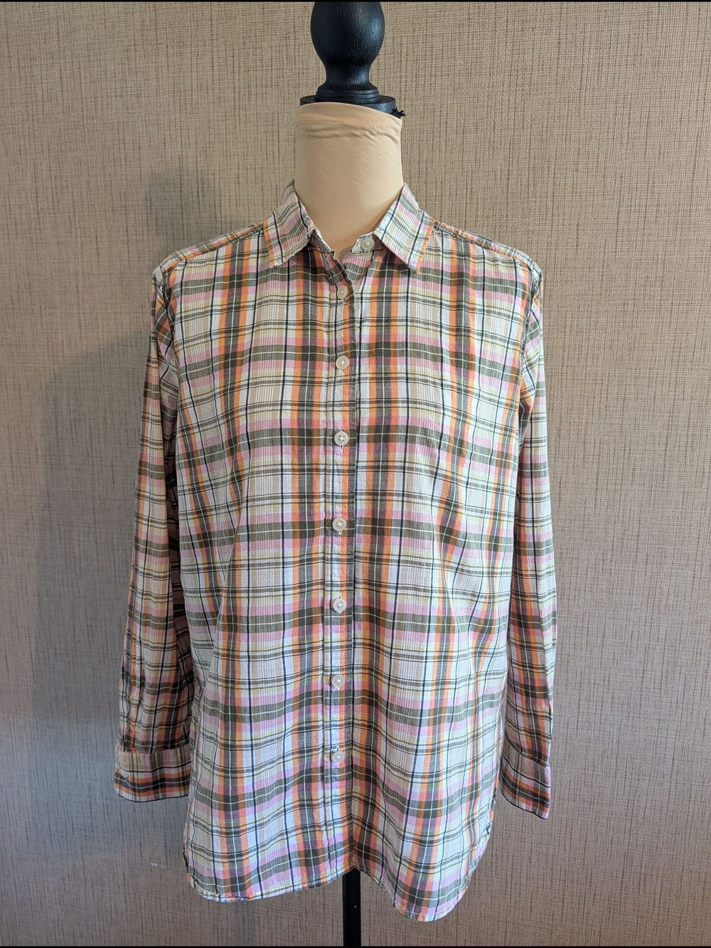 LOFT Plaid Button-Down Shirt in Cream, Pink and Tan